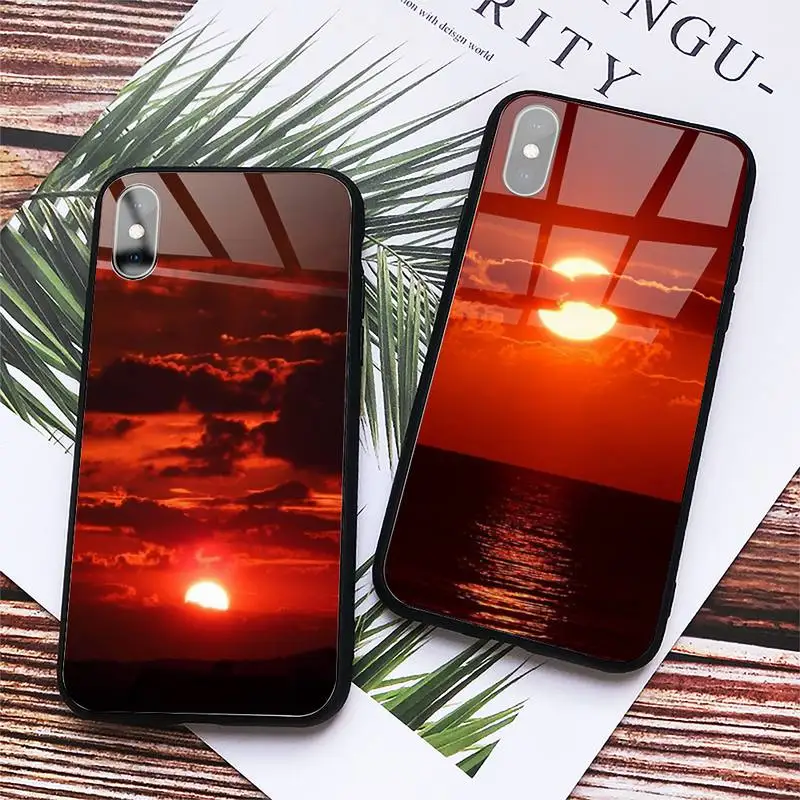 

Sunset Red ocean Phone Case Tempered glass For iphone 6 7 8 plus X XS XR 11 12 13 PRO MAX mini