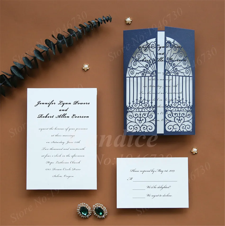 Blue Elegent Gate Design Hollow Heart Laser Cut Wedding Invitation Card Greeting Personalized Party Decoration Supplies | Дом и сад