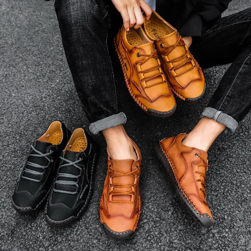 

Men Casual Shoes genuine Leather Fashion Men Sneakers Handmade Breathable Mens Moccasins Luxury Brand Boat Shoes men big size 48