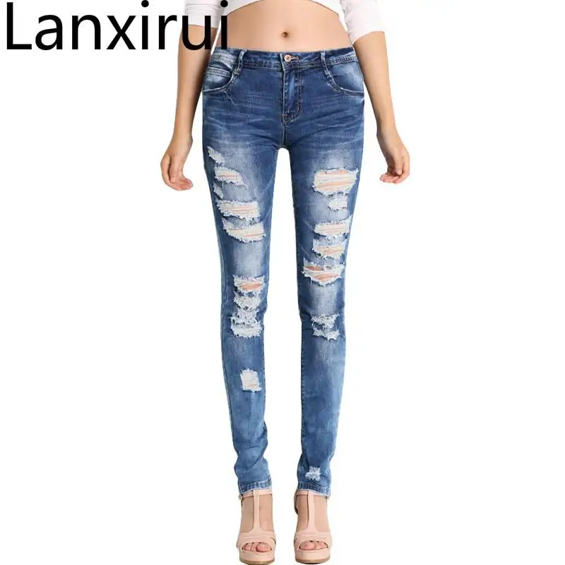 

Рваные джинсы с низкой талией, новые женские хлопковые джинсовые брюки, Стрейчевые женские рваные узкие джинсы для женщин