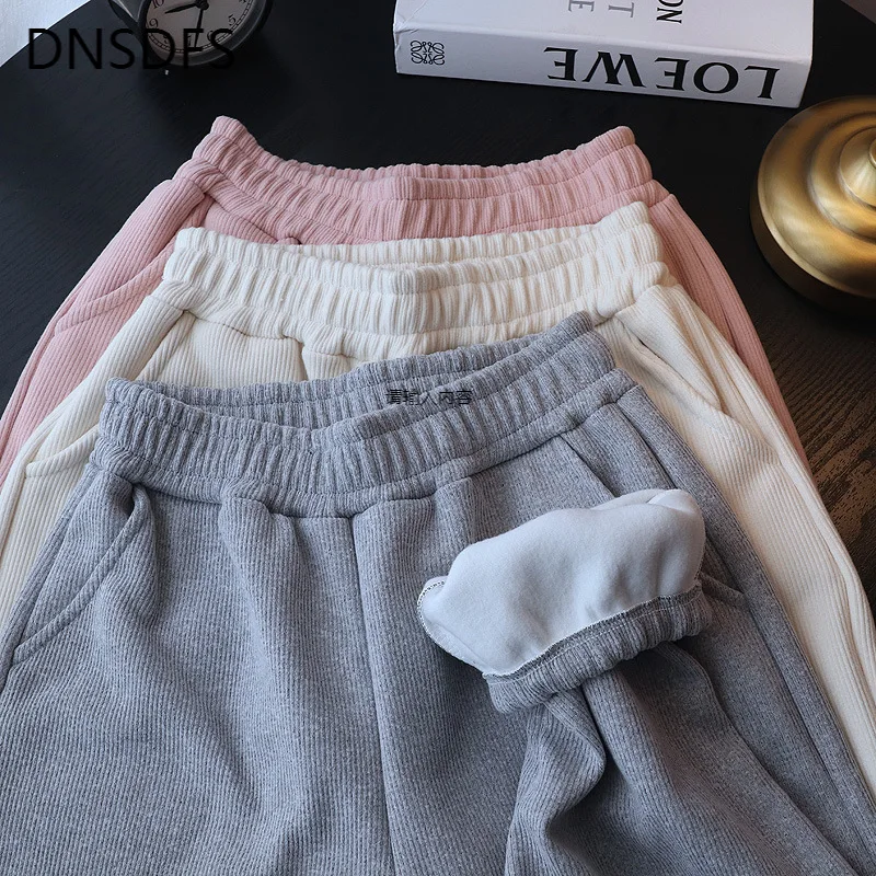 

Вельветовые вельветовые брюки для женщин 2021 толстые кашемировые спортивные брюки с высокой талией Зимние Свободные повседневные спортивн...