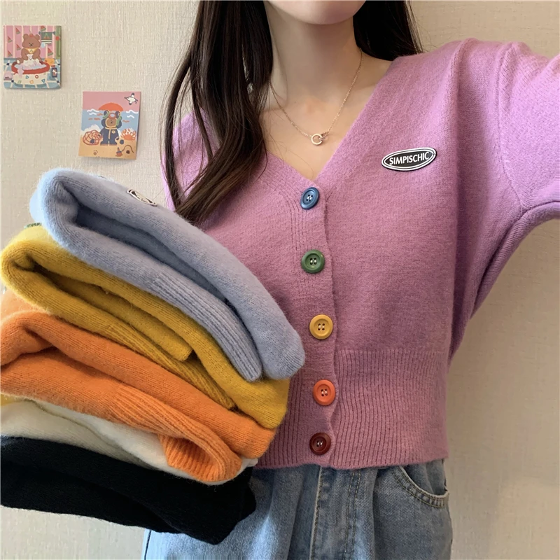 

Knitwear for Women Spring and Autumn 2021 New Trendy Sweet Girl Color Button V-neck Long Sleeve Cardigan Top Student