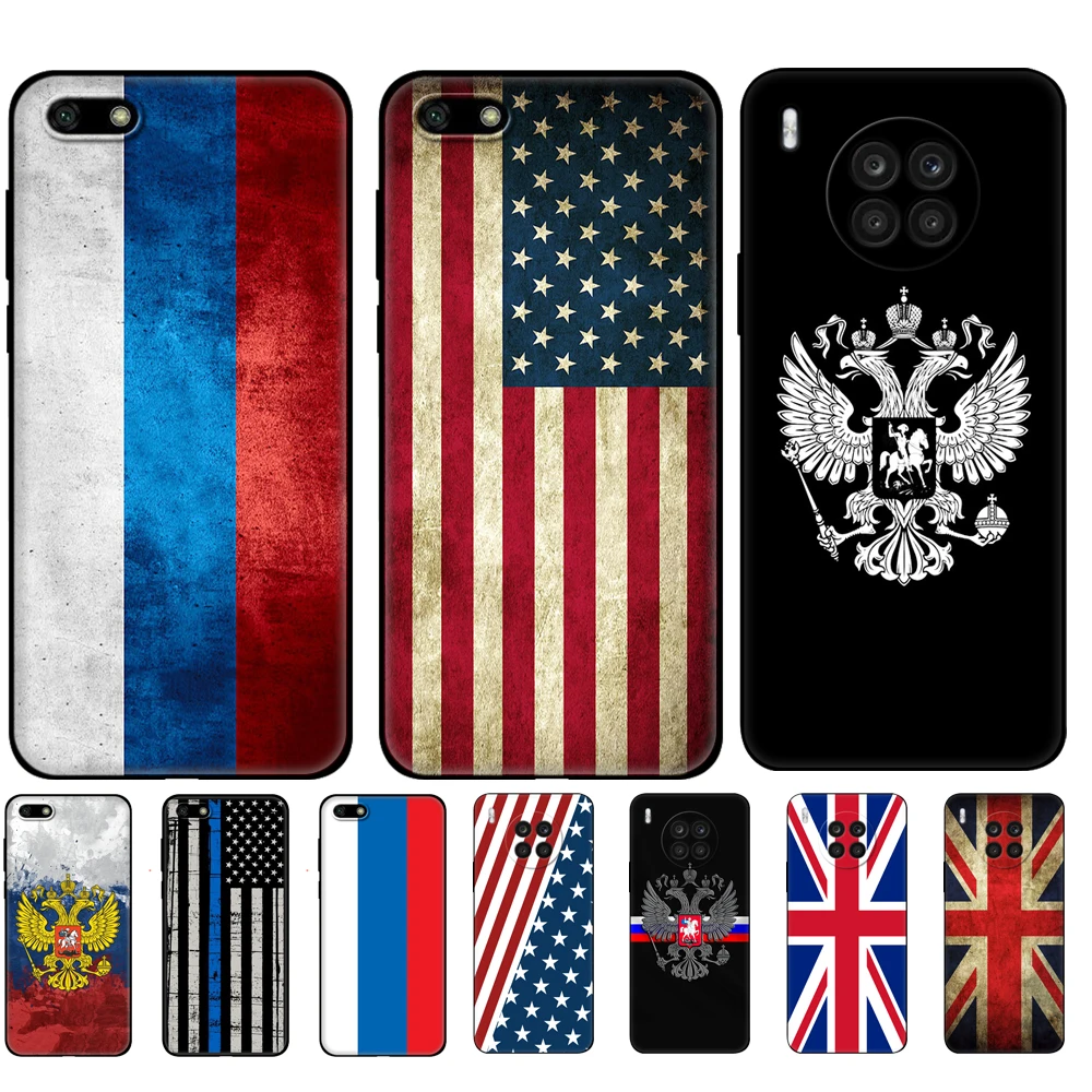 

Black tpu Case For Huawei Honor 50 Lite PRO 20 10 10i 20S 30S 30 7A 7s 7C Cover USA American British UK Russia flag