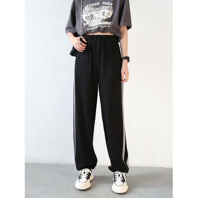 

CX 2021 New Autumn Women Casual Trousers Street Sport Pants High Waist Show Thin Stripe Straight Comfortable Trousers Fashion