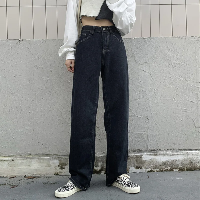 

2021 Black Straight Ladies Jeans Wide Leg High Waist Denim Jeans Mom Boyfriend Loose Pants Retro Bottom Casual Jogging Pants