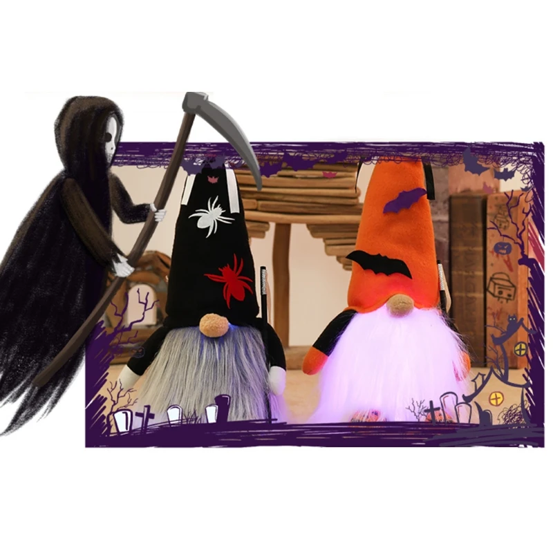 

Halloween Dwarf Doll Holding Cane Gnome Doll Ornaments with Lights Cute Cartoon