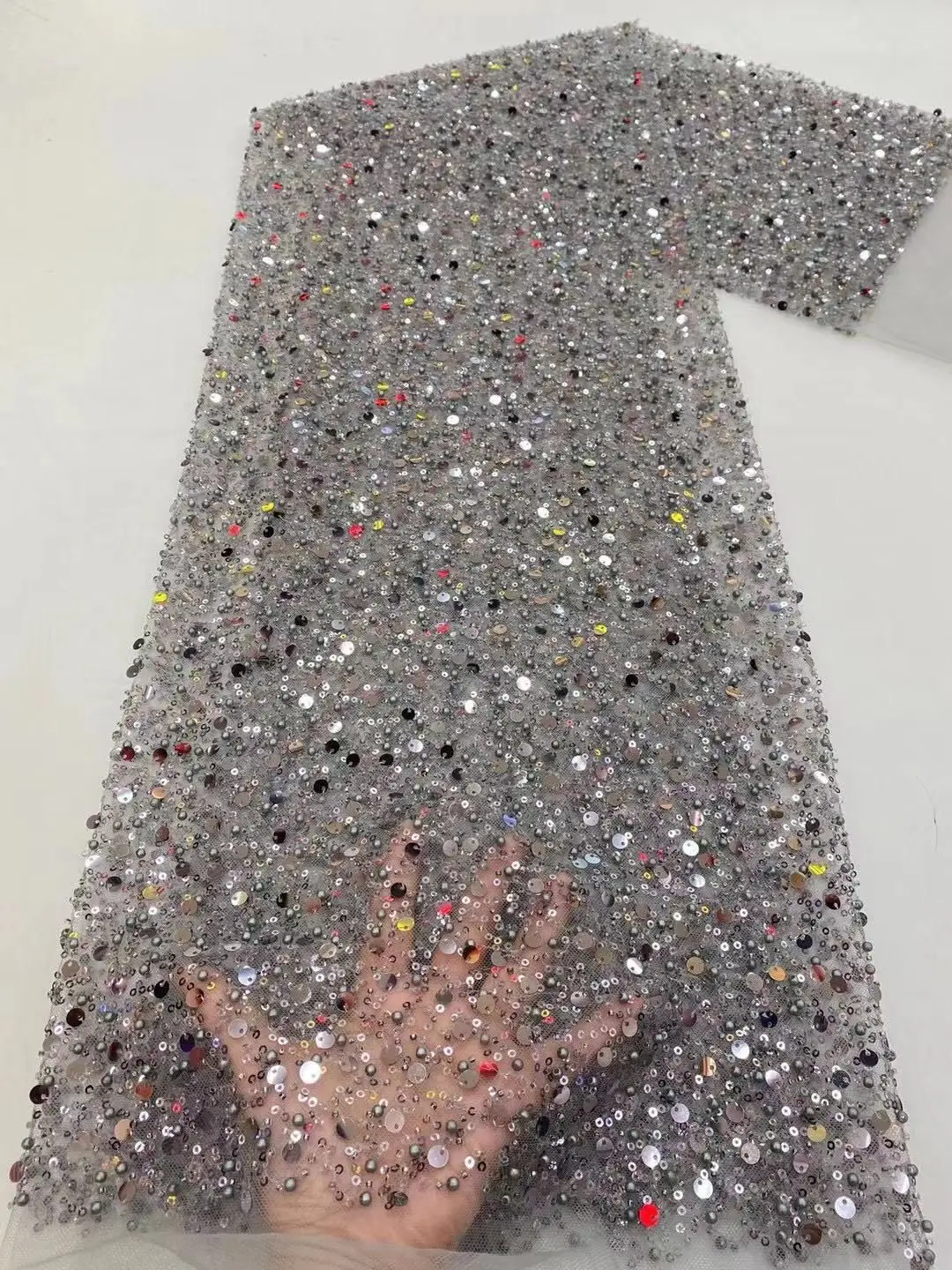 Тяжелые серебряные блестки кружевная ткань с бисером для свадебного платья