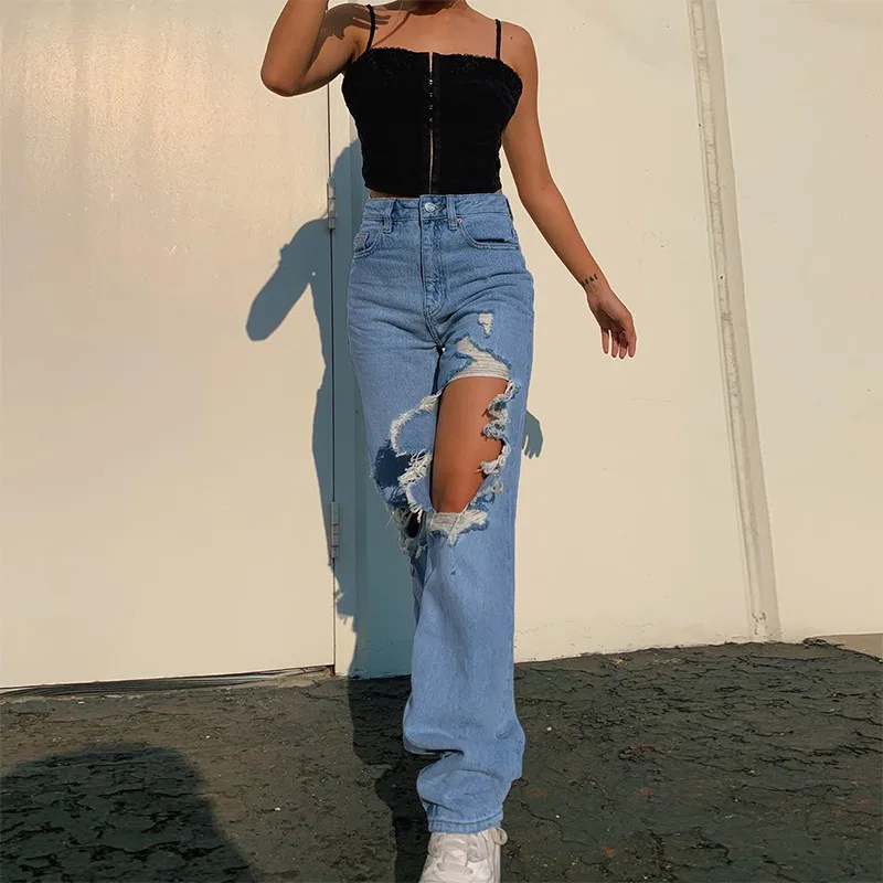 

Female Ripped Jeans, High Waist Close-Fitting Pants Loose Pants for Women, Blue/Dark Blue New Fashion