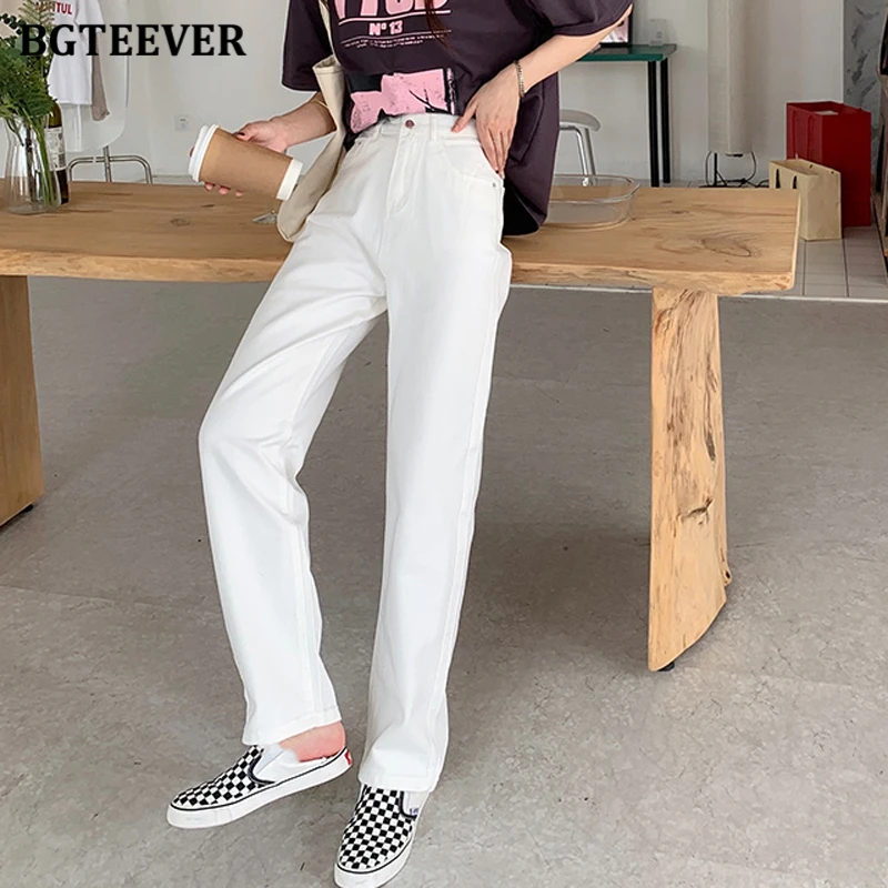

BGTEEVER Casual Chic Double Button Loose White Jeans for Women High Waist Female Wide Leg Denim Trousers 2021 Summer