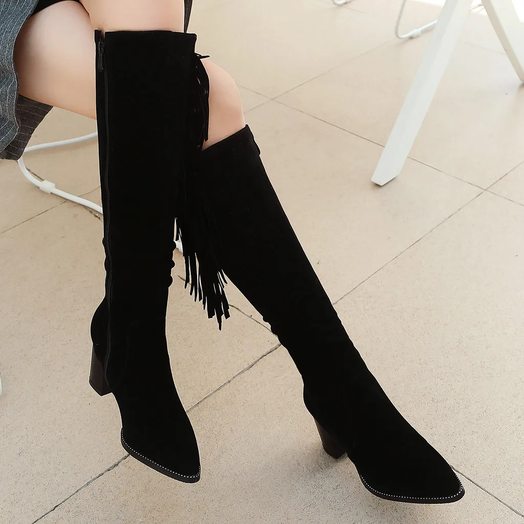 Женские высокие сапоги на платформе и каблуке модные однотонные винтажные