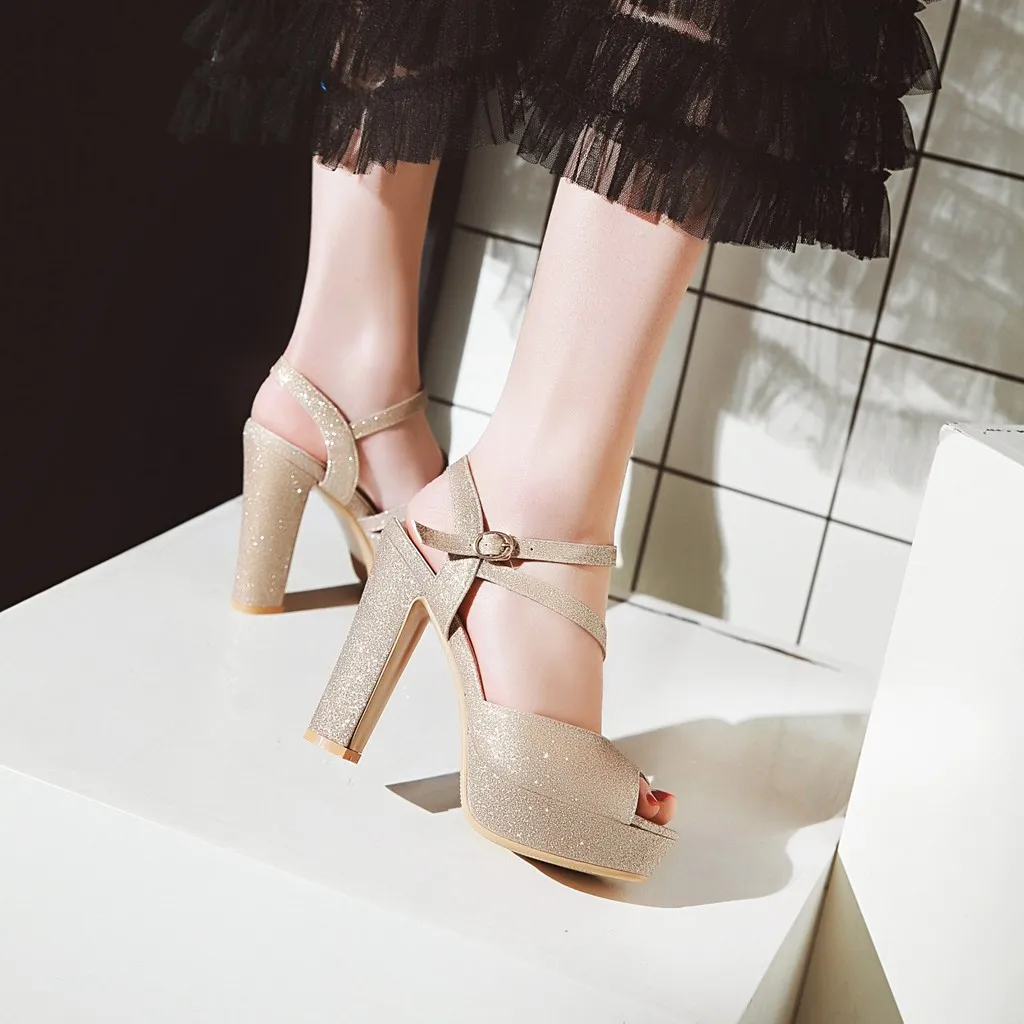 

Shiny Sequin Fabric Material Ankle Strap Summer Super High-Heel Women Sandals Waterproof Platform Cute Sweet Violet Sandals