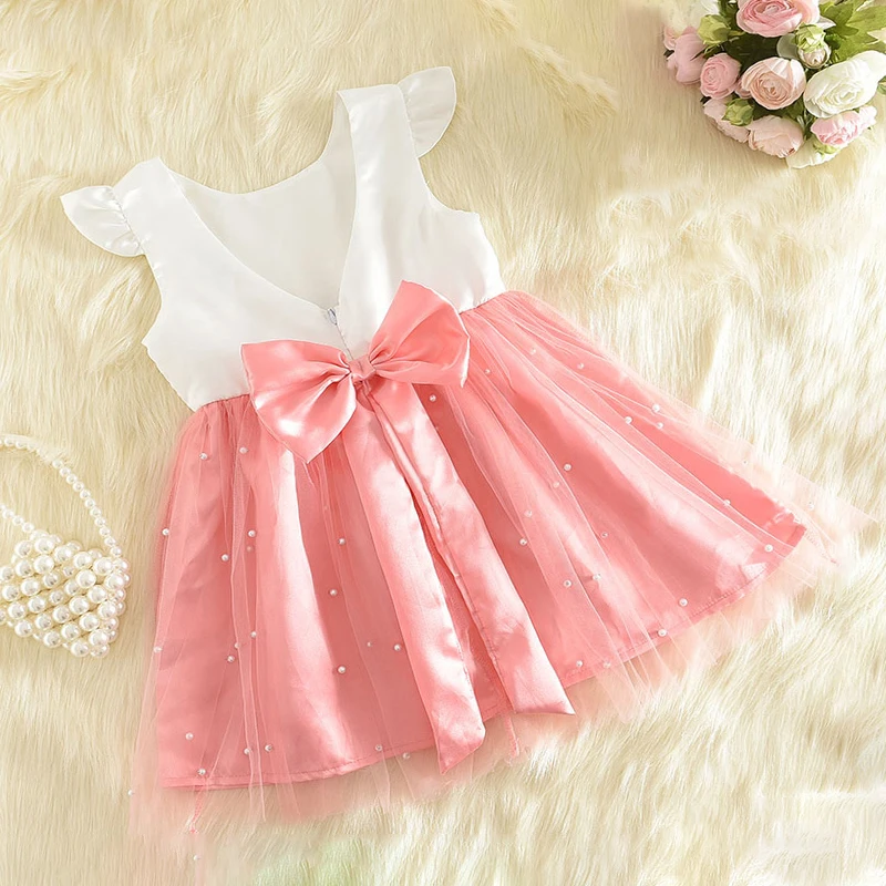 

Baby Girl Princess Party Costumes Kids Elegant Pearls Dresses Hollow V-Neck Back Bow Clothes Fashion Sweet Children's Vestidos
