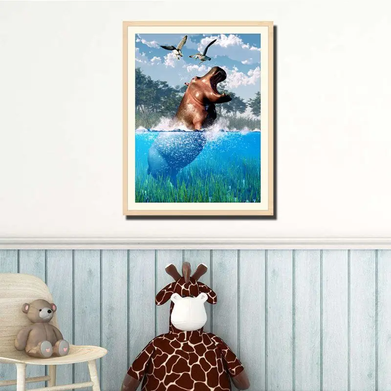 

Hippo 5D Round Shaped Diamond Painting Embroidery Needlework Rhinestone Crystal Cross Craft Stitch Kit