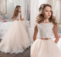 new ball gown flower girl dresses jewel neck lace applique tulle bow knot sashes kids dress first holy communion dresses