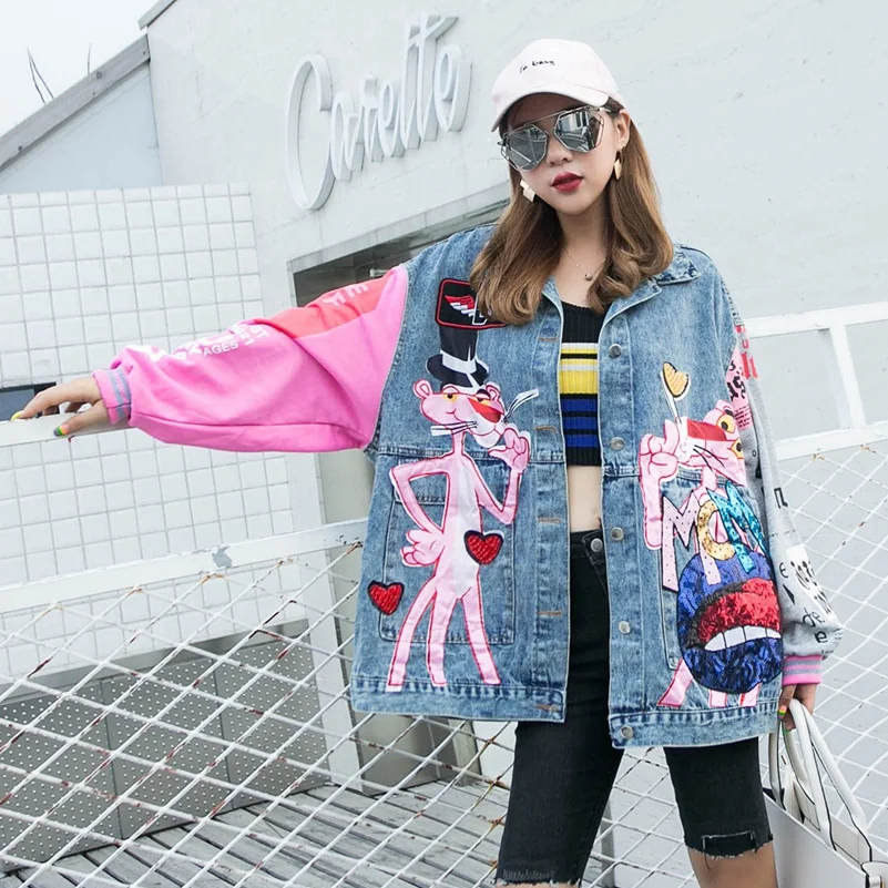 Женская джинсовая куртка с блестками свободная из денима мультяшным принтом 2021 |