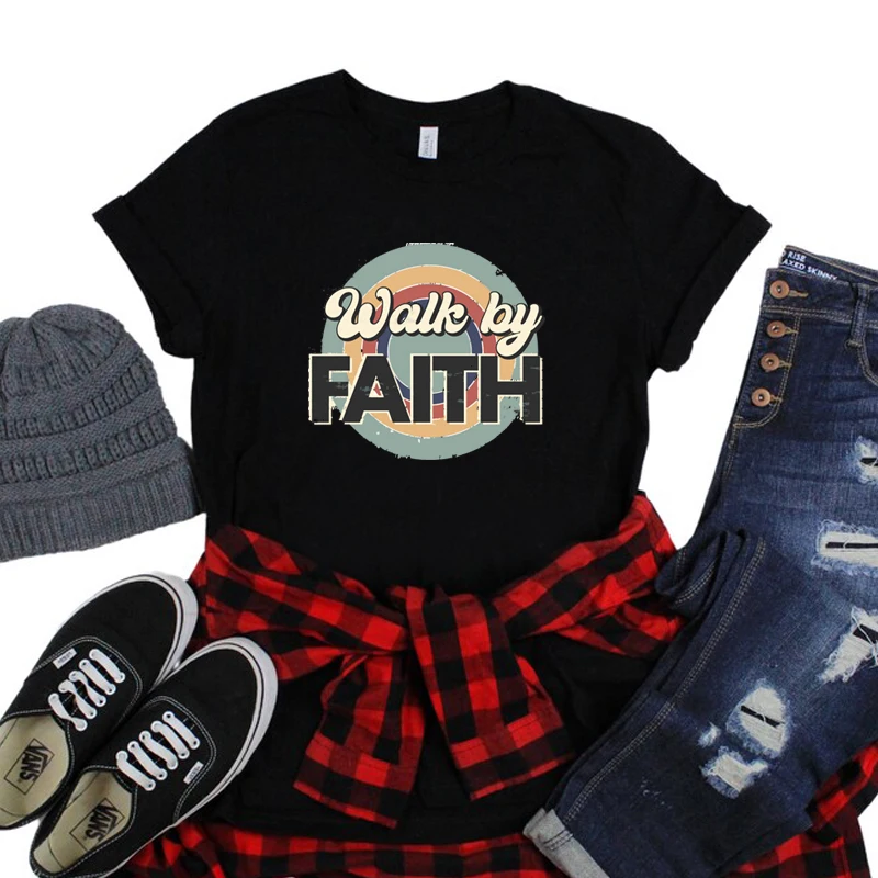 Женские футболки с надписью «Walk By Faith Christian», Высококачественная графическая футболка с изображением Иисуса верного, религиозную верность в...