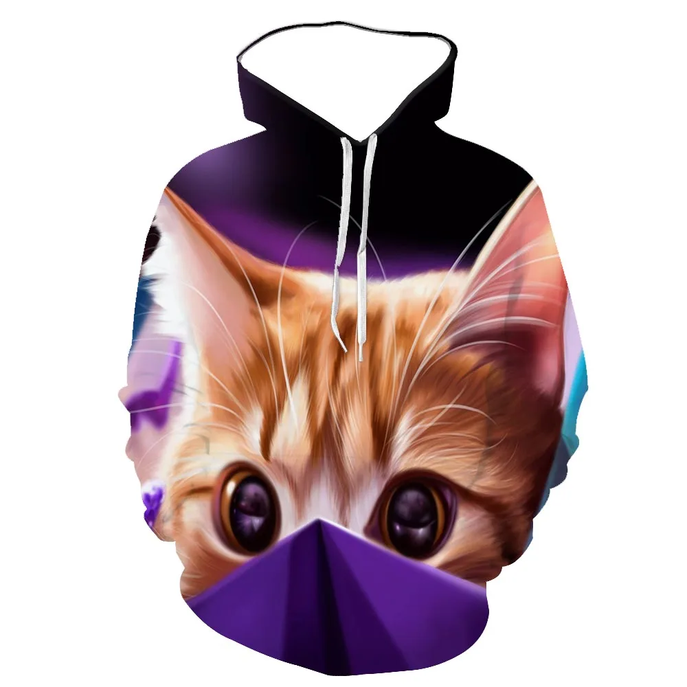 

2021 new men's and women's sweater hoodie 3d color printing cute kitten round bow tie autumn and winter long-sleeved hat