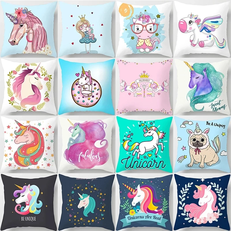 

Cartoons Unicorn Cushion Covers Cute Animals Decorative Pillows Cover for Kids Girl zebra bulldog Sofa Pillowcases Home Decor