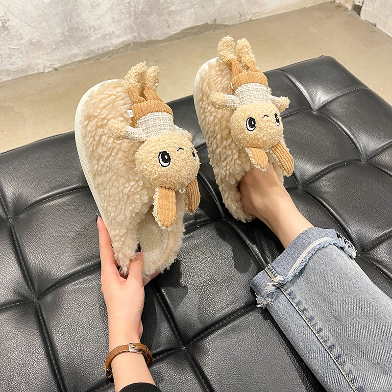 

2021 Cute Cartoons Women Winter Slippers Plush Home Pink Female Slippers Warm Indoor Soft-soled Couple New Bedroom Shoes Shoes