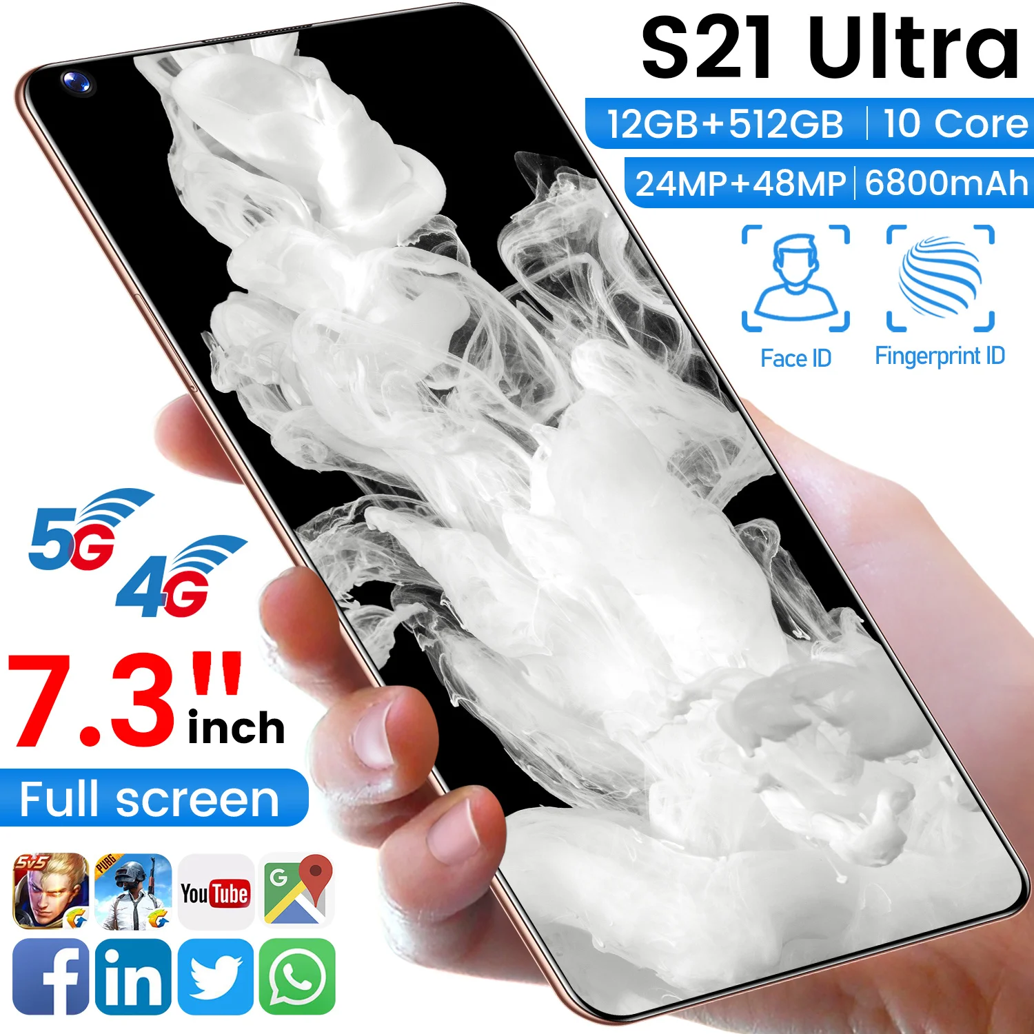 

2021 Global Version S21Ultra 12+512GB Smartphone Android10 7.3" 6800mAh Support Face Unlock Dual SIM 4G 5G Network Mobilephone