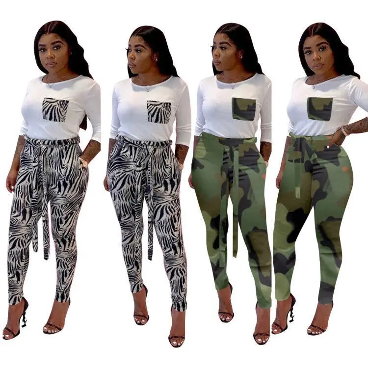 

Donsignet Summer New Fashion Pant Suits Print Patchwork Casual Long Sleeve Top +long Pant Women's Suits Two-piece Suit