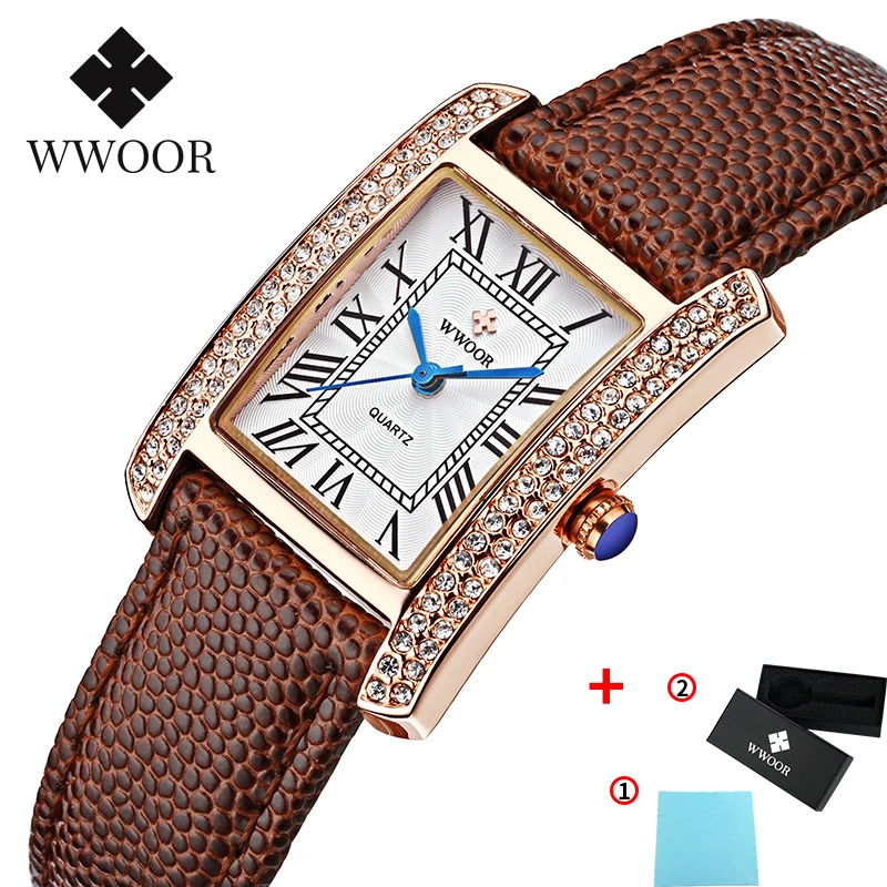 Gold brown WWOOR новые белые квадратные часы с кристаллами женские водонепроницаемые часы из натуральной кожи женские повседневные модные часы аналоговый дисплей подарок - Цвет: Gold brown