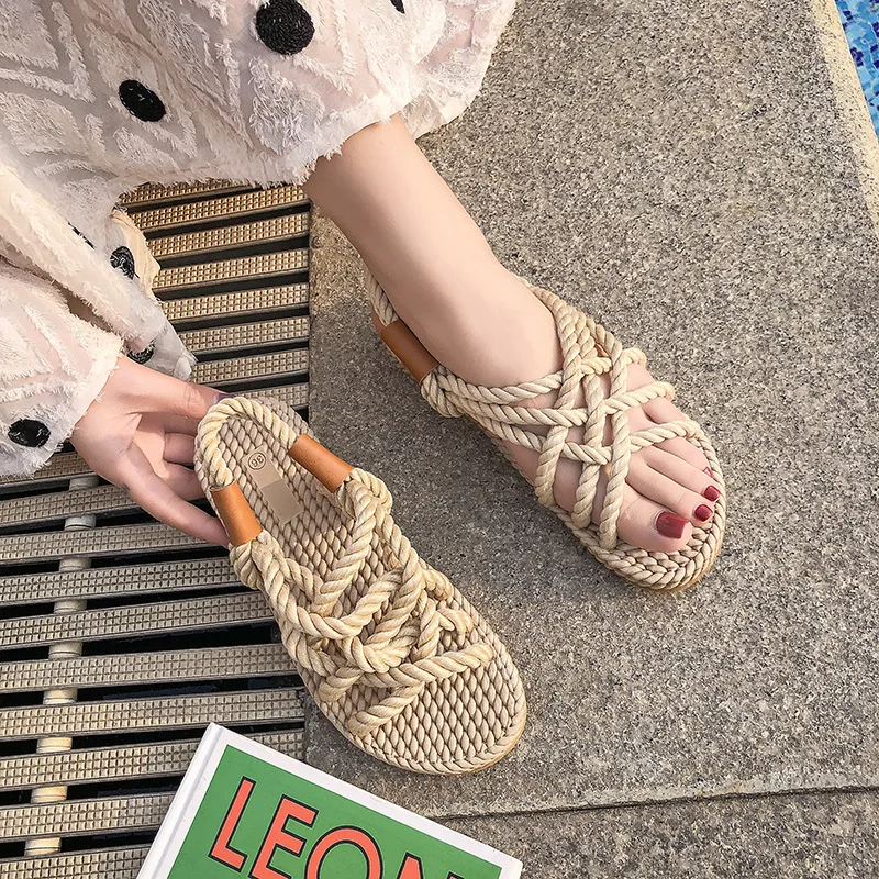 

Hemp Rope Women's Shoes Woven Roman Sandals Ladies Flat Bottom Thick Women's Fashion Casual Sandals Platform Breathable Slides