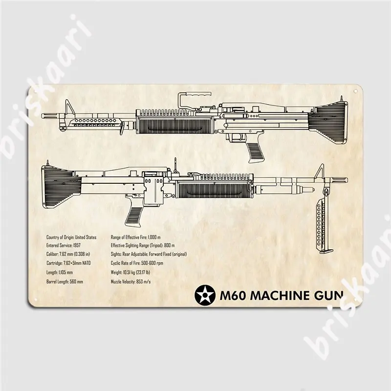 

M60 Machine Gun Paper Poster Metal Plaque Vintage Club Home Wall Decor Bar Cave Tin Sign Poster