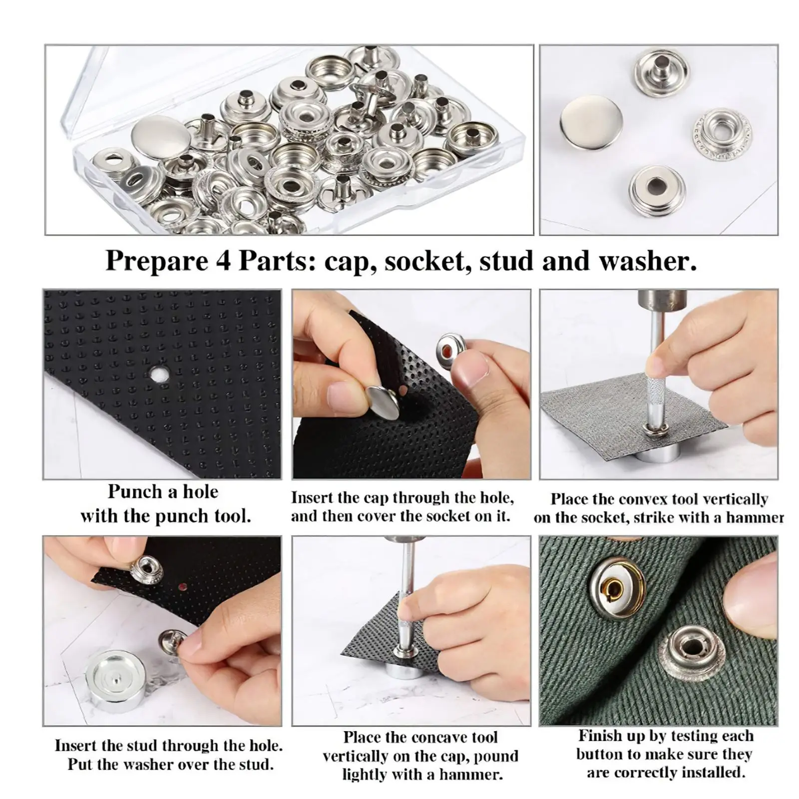 25 Sets Fastener Snaps ( 4 components 25pcs for each) with 3 Setting Tools 15mm/0.59in Stainless Steel Press Studs Fixing | Дом и сад