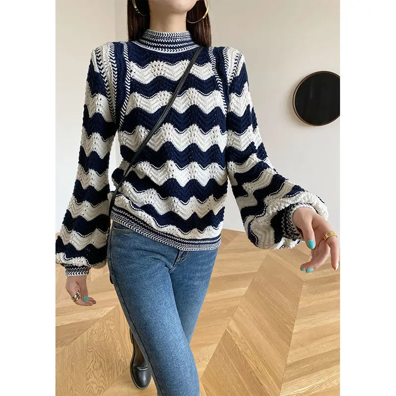 

Women Elegant Autumn Winter Stripe Sweater Pullovers Female Knitted Bottoming Shirts Lady Outwear knitting Jumpers