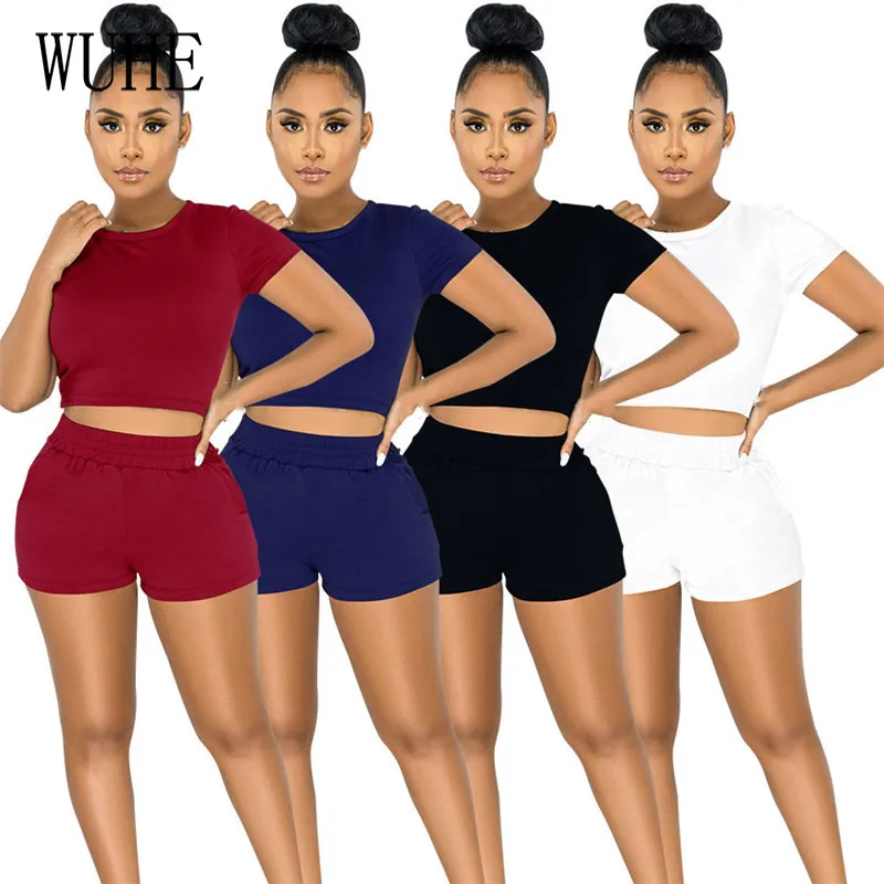 

WUHE Summer Fitness Tracksuits Two Piece Suits O Neck Short Sleeve Crop Top Tight Pants Sports Casual Party Streetwear Outfits