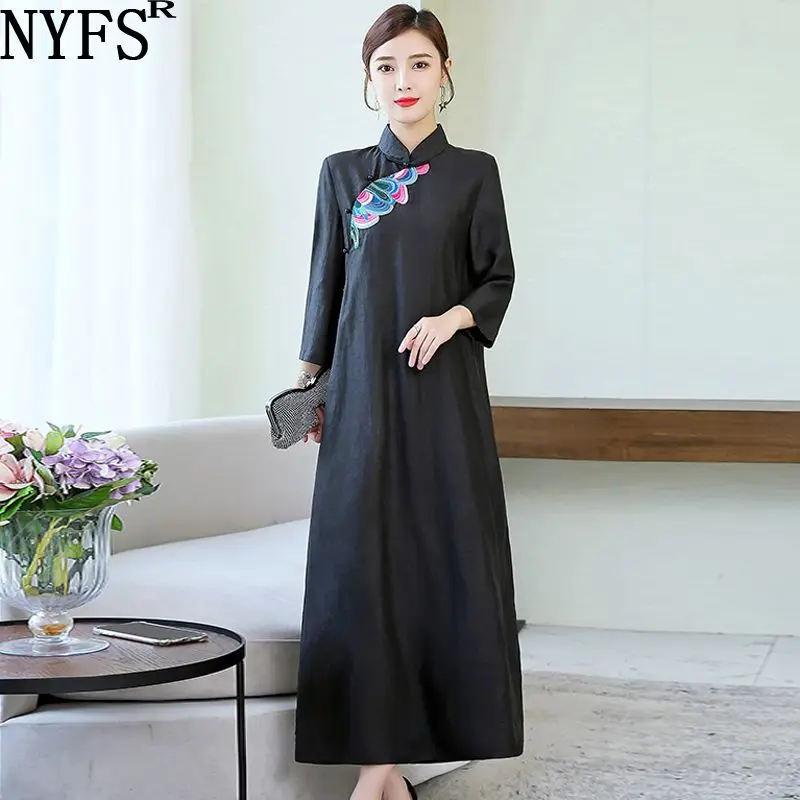 Женское длинное платье в китайском стиле NYFS свободное шелковое с вышивкой