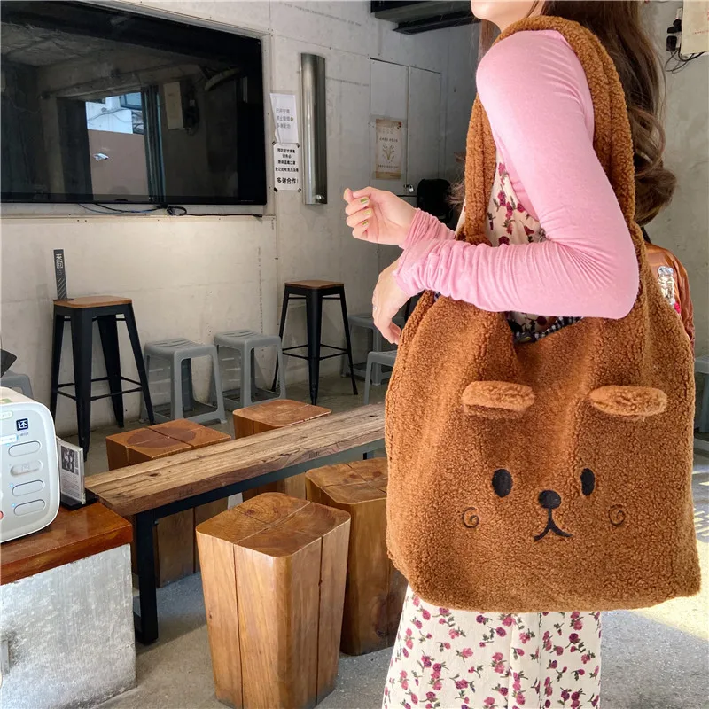 

Lovely Cartoon Embroidery Plush Tote Bag Ladies Hand Bags Large-capacity Shoulder Bag Women Shopper Bag Kawaii Faux Fur Handbag