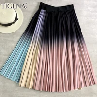 tigena women long pleated skirt 2021 spring summer fashion beautiful gradient print a line high waist mid length skirt female