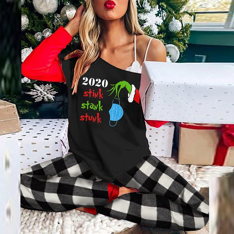 

2021 Spring Fashion Two Piece Sets For Women Casual Long Sleeve Top And Plaid Printed Pants Suits Ladies Elegant Christmas Suit