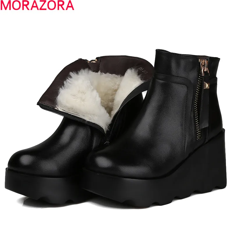 

MORAZORA 2021 Winter 100% nature wool women boots genuine leather boots fashion wedges platform black color ankle boots