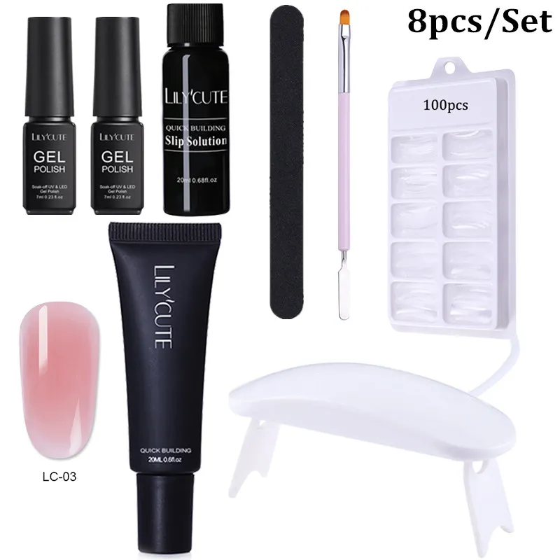 8pcs LC-03 LILYCUTE 20 мл Быстрый гель продлевающий половой акт поли гель для ногтей розовый белый металл с прозрачными кристаллами светодиодный акриловый строительный УФ-гель набор ногтей лампа набор - Цвет: 8pcs LC-03