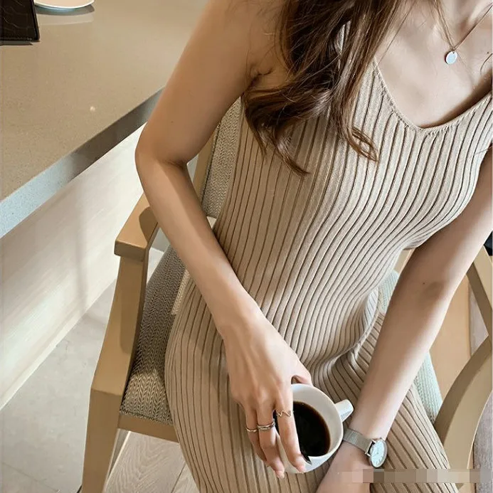 

Summer ice silk knitting suspender small black skirt sexy medium long back split bag buttocks with bottom vest dress