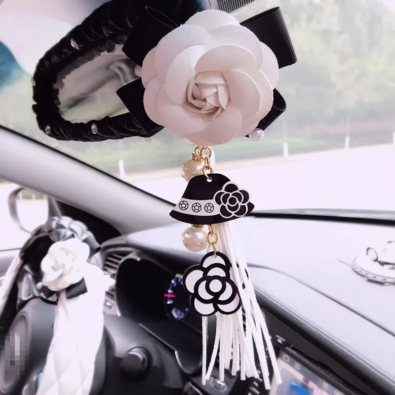 

Camellia Flower Car Interior Rear View Mirror Cover Leather Auto Rearview Mirror Decoration Accessories For Women And Girls