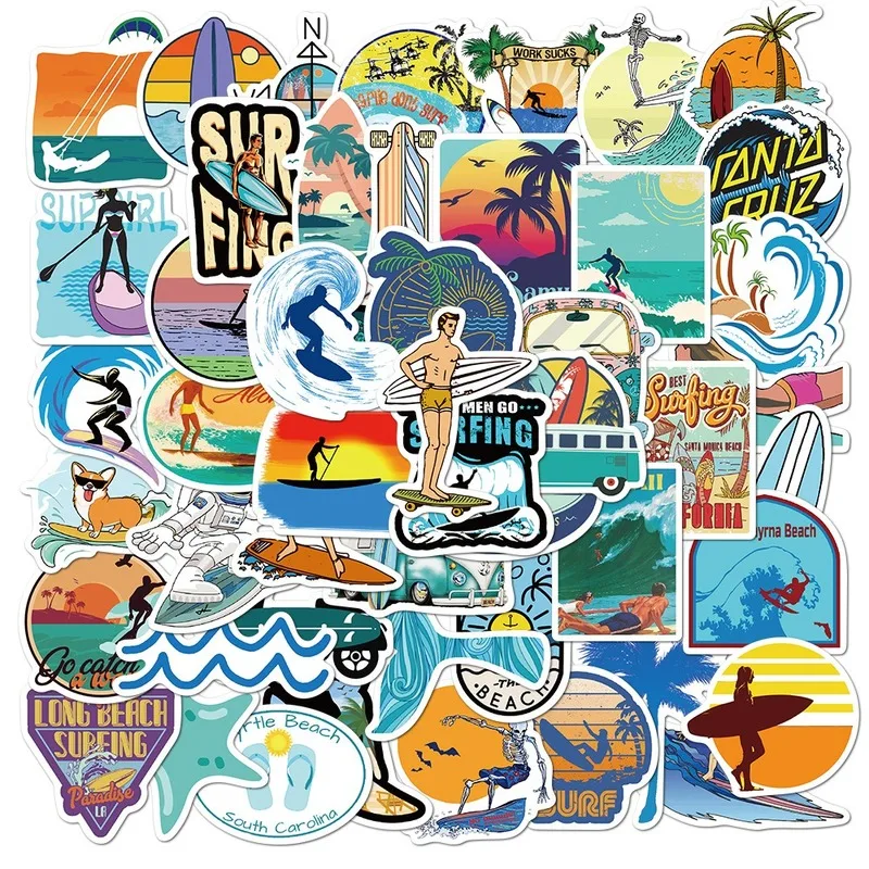

10/50PCS Pack Outdoor Surf Stickers Sports Tropical Beach Surfing Waterproof Stickers To DIY Surfboard Car Skateboard Sticker