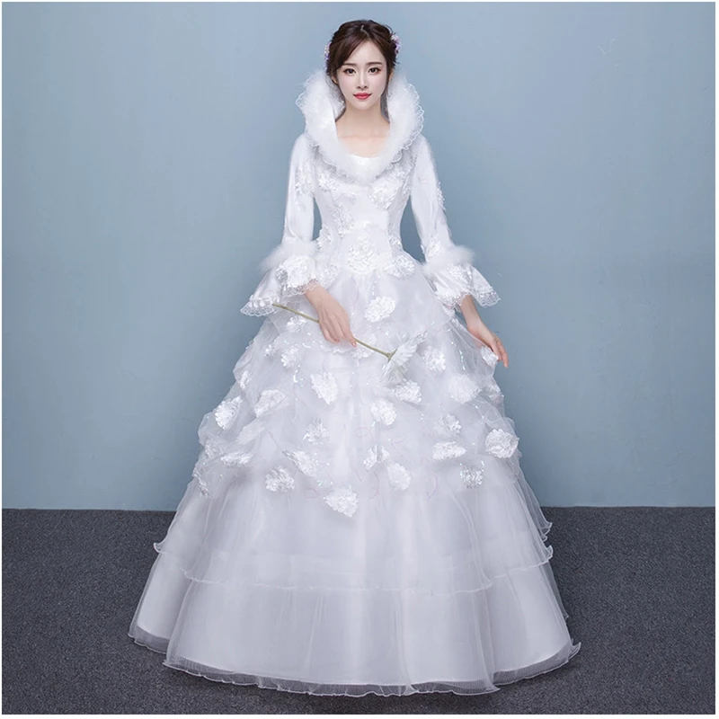 Зимнее свадебное платье Новинка 2019 года бальное с длинными рукавами большие