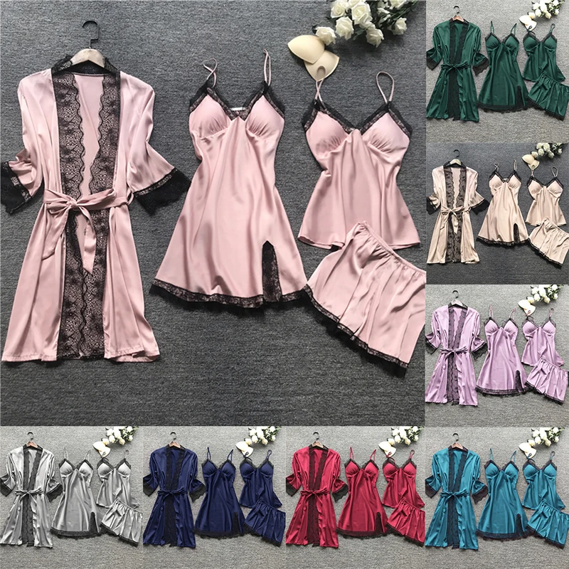

New Women Pajamas Sets Satin Sleepwear Silk 4 Pieces Nightwear Pyjama Spaghetti Strap Lace Sleep Lounge Pijama With Chest Pads