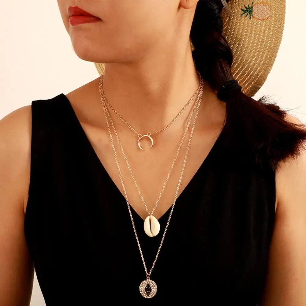 

Moon Sea Shell Horn Pendant Multi Layer Necklace For Women Geometric Full Rhinestone Eye Shape Necklace Party Bohemian Jewelry