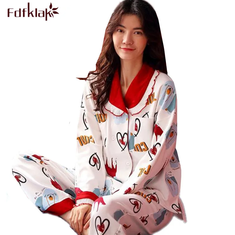 Высококачественная Хлопковая пижама Fdfklak Женская осенне-зимняя Пижама комплект