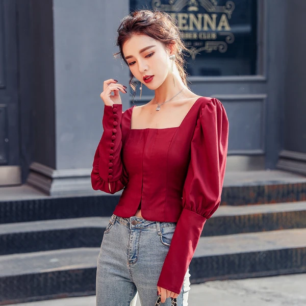 2020 Women's Spring Square Collar Shirt Female Little Sexy Long Sleeve Puff Top Solid Red wine |