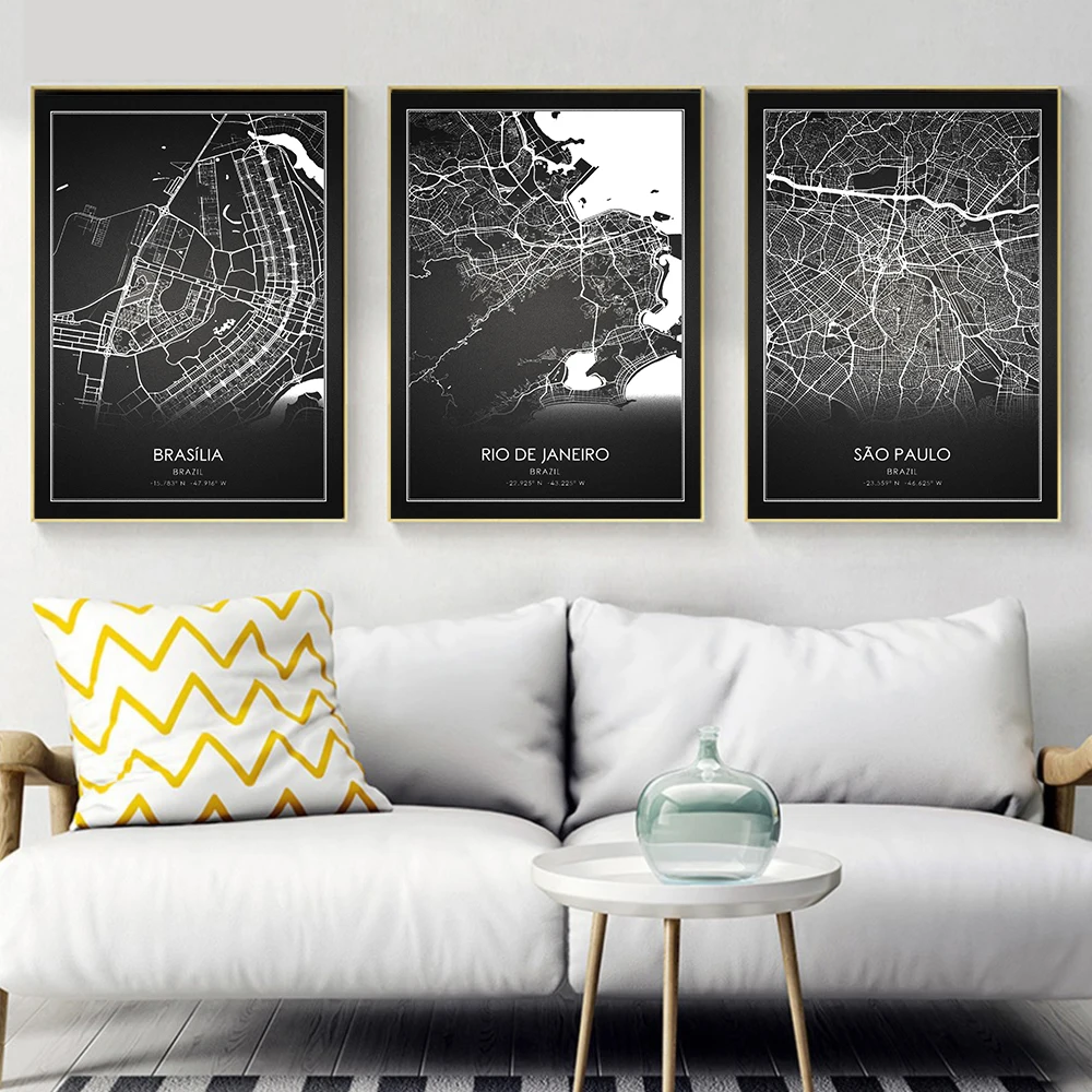 

Brazil Black World City Map Poster São Paulo/Rio De Janeiro/Brasília Canvas Painting Wall Pictures Nordic Living Room Home Decor