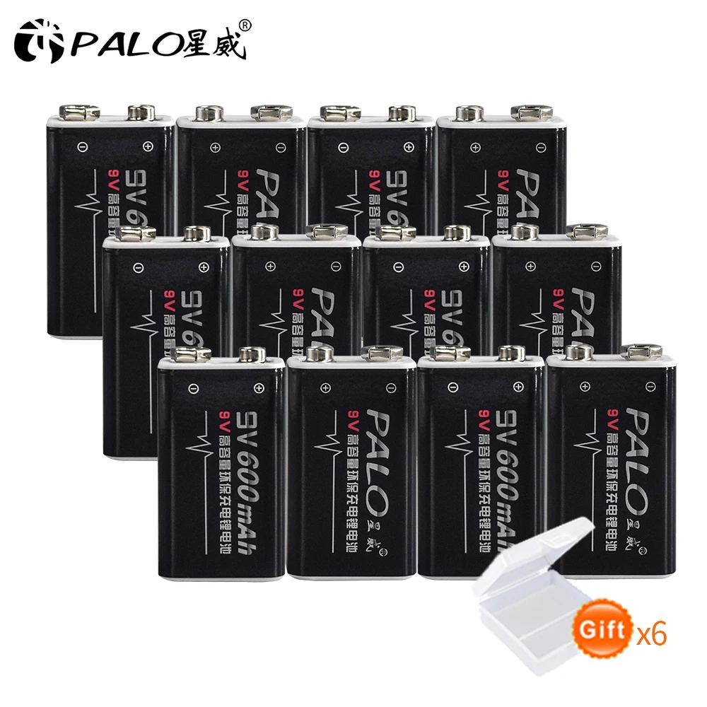 

PALO 12PCS 9v Recargable Batteries 600mAh 9Volt Li-ion Rechargeable Battery 9v 6F22 For Smoke detectors Wireless Microphones 9V
