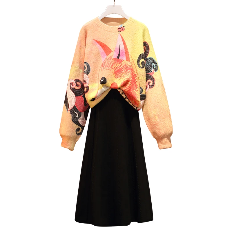 

Женский Повседневный костюм из 2 предметов, шерстяной свитер с круглым вырезом и юбка с поясом на резинке, Осень-зима