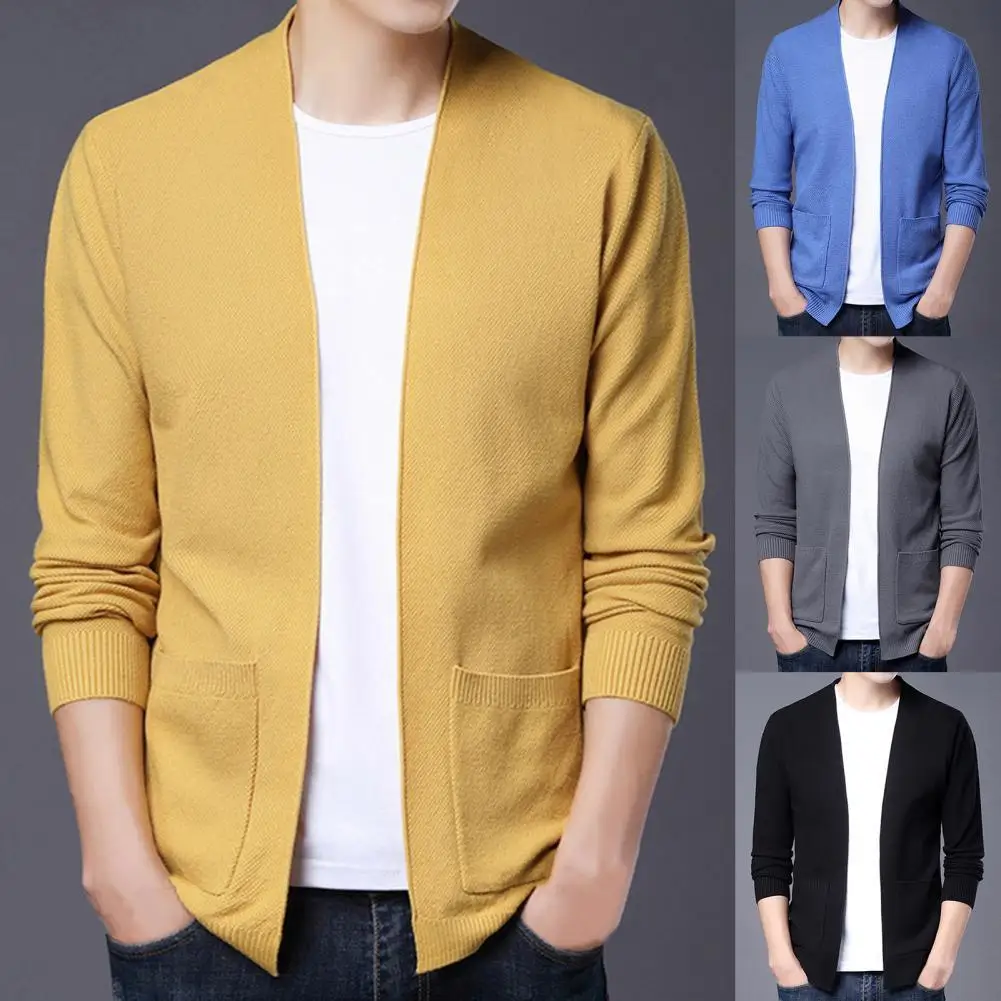 

Men Cardigan Loose Fit Solid Color Coat Long Sleeve Ribbing Hem Cardigan With Pocket Business Men Solid Color Knitwear Sweaters