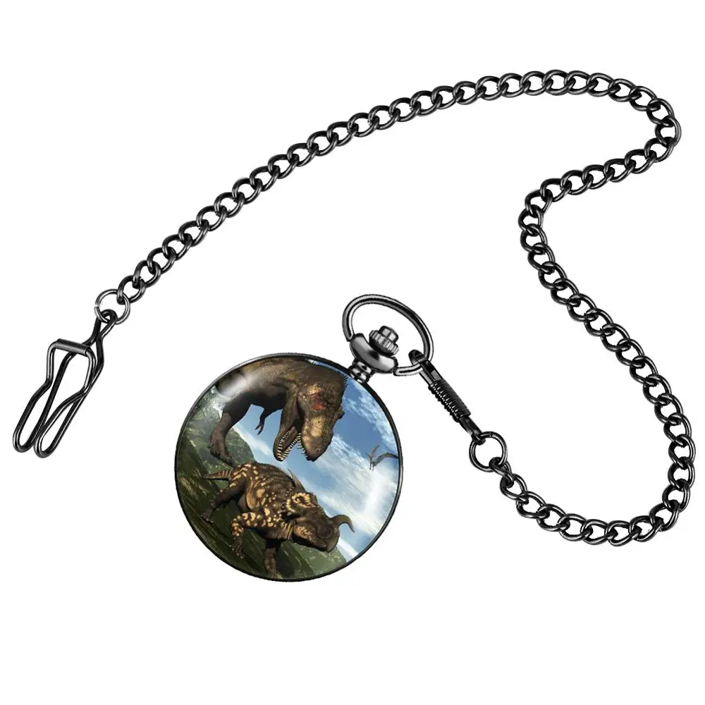 

Two Dinosaur Male Flip Quartz Pocket Watch Classic White Digital Dial Girl Practical Alloy Case Thick Chain Pocket Watch Pendant